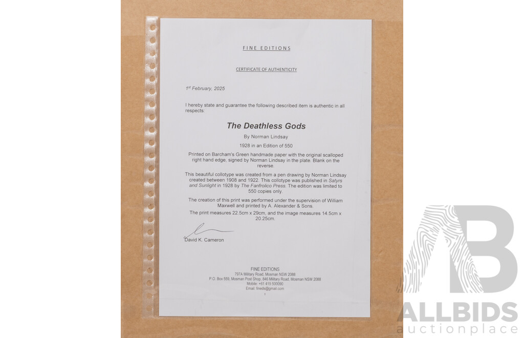 Norman Lindsay (20th Century, Australian, 1879-1969), the Deathless Gods, Collotype From Original Pen Drawing, 64 x 54 cm (frame)