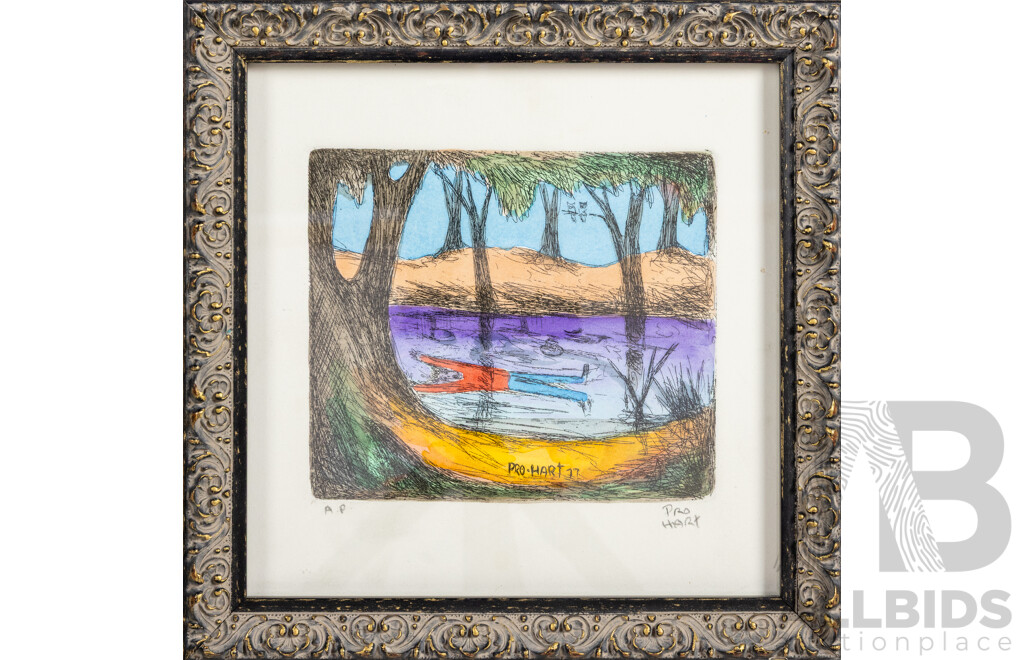 Pro Hart (20th Century, Australian, 1928-2006), Waltzing Matilda Series - His Ghost May Be Heard, Hand-Coloured Etching & Watercolour, 24 X 24 Cm (Frame)