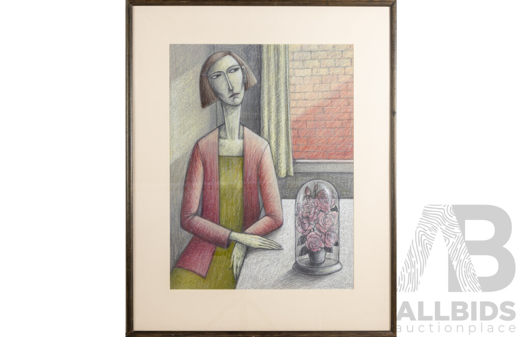 Deborah Lee Klein, (20th Century, Australian, 1951-), Untitled - Contemplative Lady with Roses, Original Oil Pastel and Pencil, 88 x 70 cm (frame)