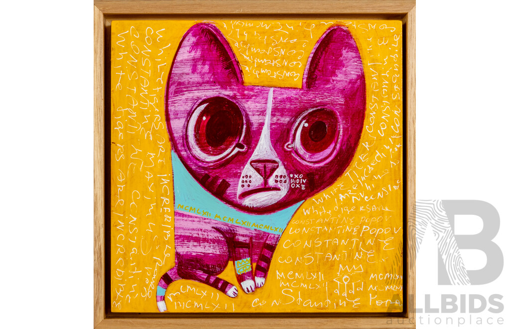 Constantine Popov, (20th Century, Russian-Australian, 1962-), Pink Cat - White Tigers Are Incredible, Wonderful Original Acrylic on Wood Panel, 22 x 22 cm (frame)