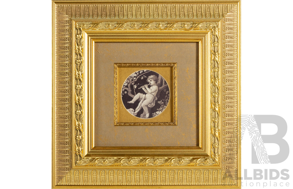 Artists Unknown (20th Century), Putto with Flute & Putto with Triangle, Pair of Musical Putti Depicted in Quality Reproduction Prints, 36 x 36 cm (frames) (2)