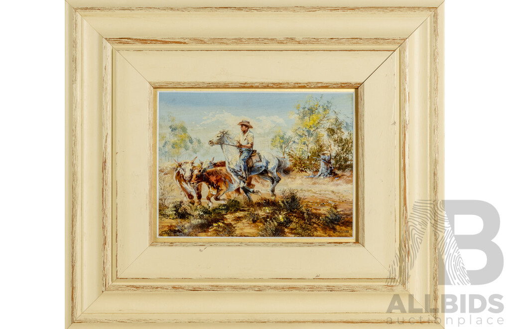 Maureen Joy Reschke (20th Century, Australian, 1933-), Round Up, Wonderful Original Vintage Oil on Board, 33 x cm (frame)