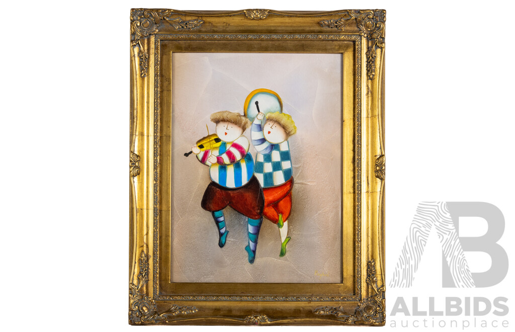 Joyce Roybal, (20th Century, 1955-), Musical Duo, Wonderful Mixed Media Oil on Canvas, 57 x 47 cm (frame)