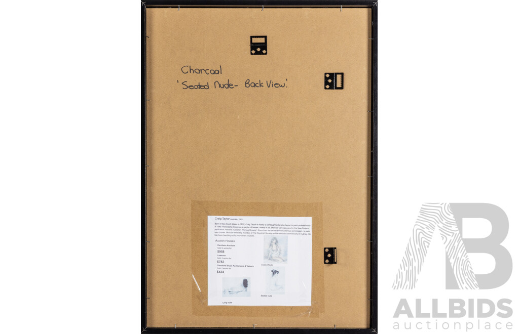 Craig Taylor (20th Century, Australian, 1952-), Seated Nude - Back View, Original Charcoal Sketch, 62 x 45 cm (frame)