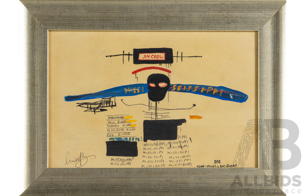 (After) Jean-Michel Basquiat, (20th Century, American, 1960-1988), Jim Crow, Coloured Paint and Pen on Paper, 28 x 38 cm (frame)