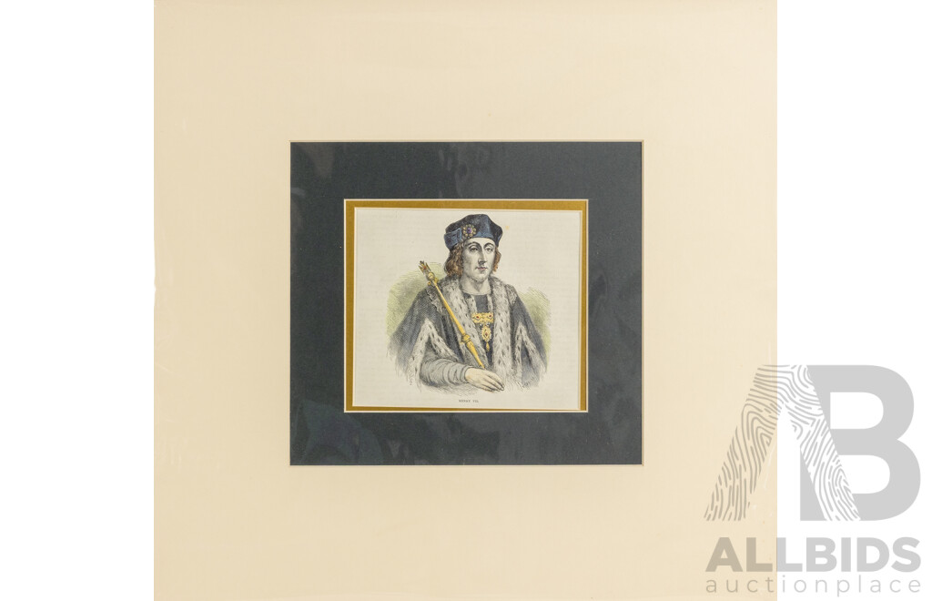 Artists Unknown, (19th Century) Kings of England - William IV, George IV, James I and Henry VI, Collection of Four Antique Hand Coloured Steel Engravings, 42 x 44 cm (with mat boards) (4)
