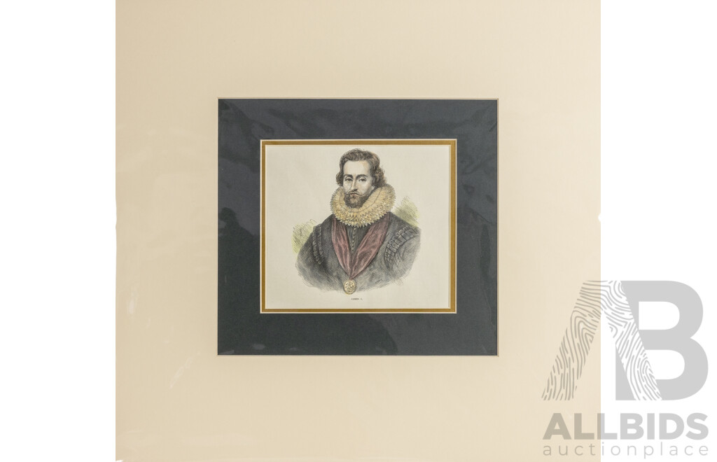 Artists Unknown, (19th Century) Kings of England - William IV, George IV, James I and Henry VI, Collection of Four Antique Hand Coloured Steel Engravings, 42 x 44 cm (with mat boards) (4)