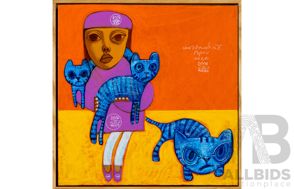 Constantine Popov, (20th Century, Russian-Australian, 1962-), Girl with Her Cats, Wonderful Original Acrylic Canvas, 32 x 32 cm (frame)