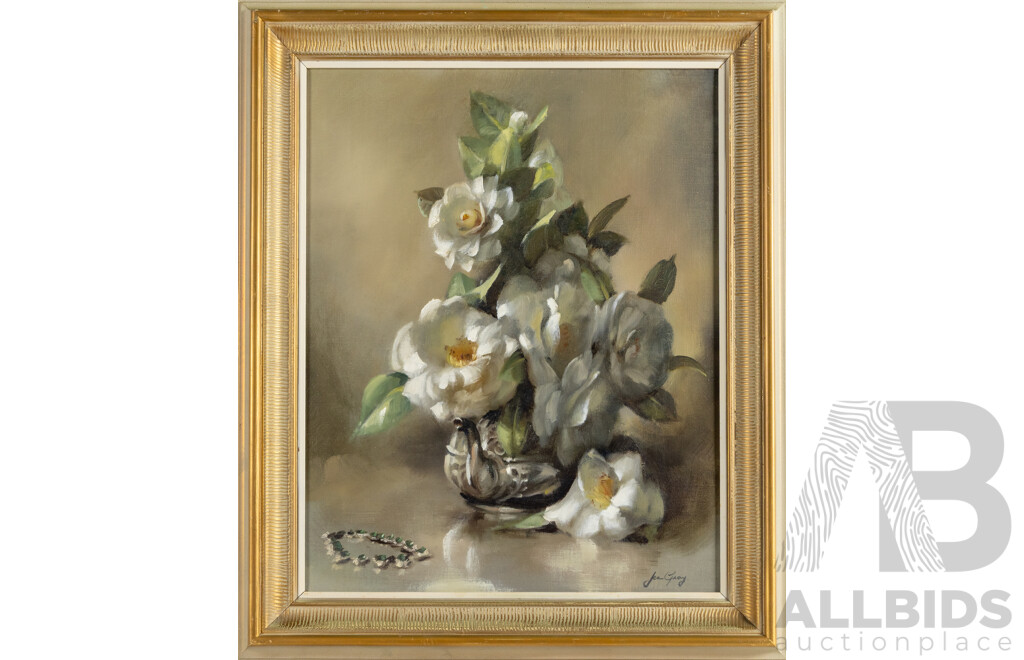 Jean Grey, (20th Century, Australian, 1927-2012), Camellias in a Kettle, Wonderful Original Oil on Canvas, 63 x 52 cm (frame)