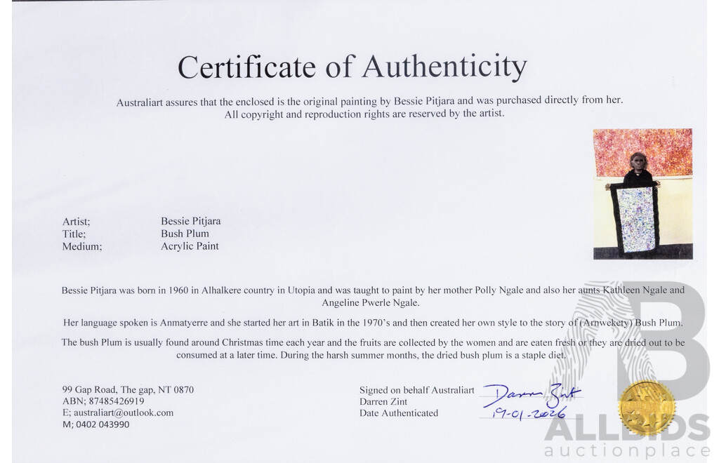 Bessie Pitjara, (20th Century, Australian, 1960-), Bush Plum, Original Acrylic on Canvas Unstretched, 55 x 98 cm (with border)