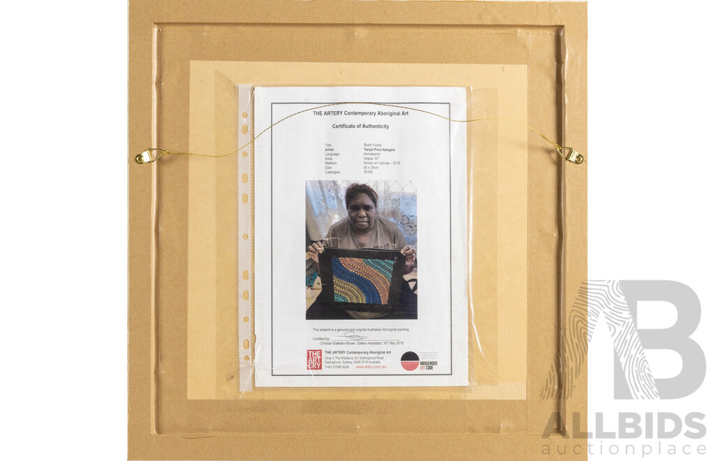 Tanya Price Nangala (20th Century, Indigenous-Australian, 1972-), Bush Foods (2019), Original Acrylic on Canvas, 46H x 46W cm (frame)