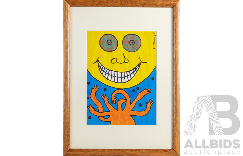 (After) Keith Haring (20th Century, American, 1958-1990), Untitled - Cosmic Reach, Mixed Media on Paper, 43H x 32W cm (frame)