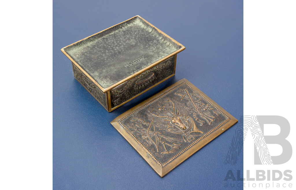 Max Le Verrier (19/20th Centuries, French, 1891-1973) Antique French Bronze Hunting Cigarette or Trinket Box, 14L x 11W x 5D cm (approx dimensions)