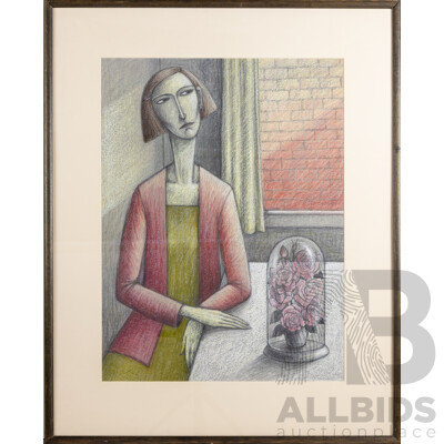 Deborah Lee Klein, (20th Century, Australian, 1951-), Untitled - Contemplative Lady with Roses, Original Oil Pastel and Pencil, 88 x 70 cm (frame)