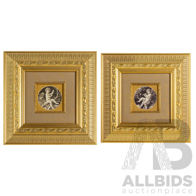 Artists Unknown (20th Century), Putto with Flute & Putto with Triangle, Pair of Musical Putti Depicted in Quality Reproduction Prints, 36 x 36 cm (frames) (2)