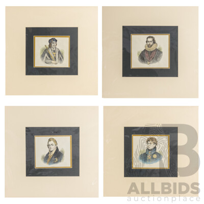 Artists Unknown, (19th Century) Kings of England - William IV, George IV, James I and Henry VI, Collection of Four Antique Hand Coloured Steel Engravings, 42 x 44 cm (with mat boards) (4)