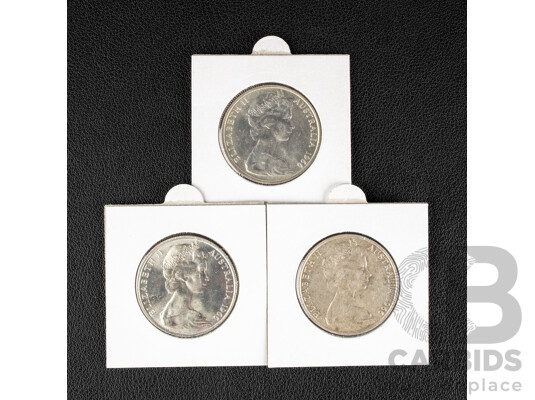 Three Australian 1966 Round Silver Fifty Cent Coins, High Grade .800