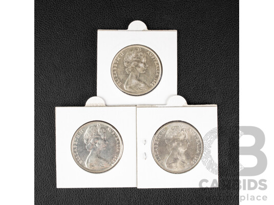 Three Australian 1966 Round Silver Fifty Cent Coins, High Grade .800