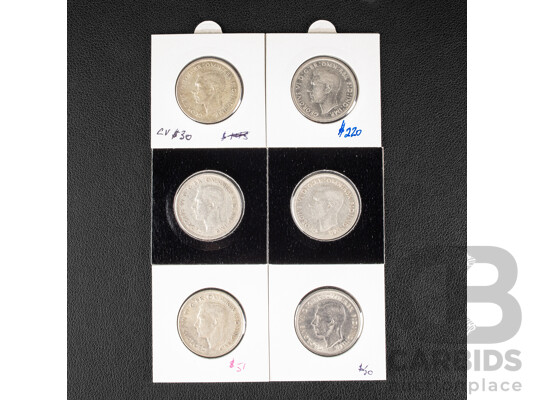 Six Australian KGVI Silver Florins Including 1938, 1939, 1940, 1941, 1942, 1943, High Grade .925