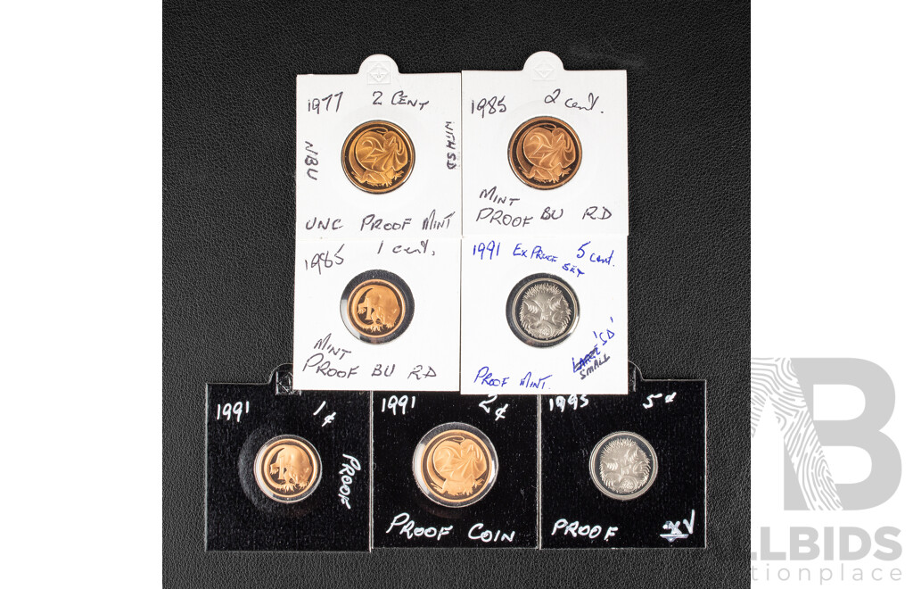 Collection of Australian Proof Coins Including 1991, 1995 Five Cents, 1977, 1985, 1991 Two Cents, 1985, 1991 One Cents
