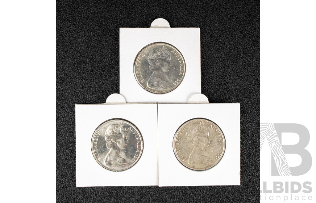 Three Australian 1966 Round Silver Fifty Cent Coins, High Grade .800