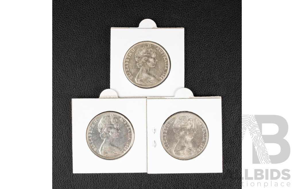 Three Australian 1966 Round Silver Fifty Cent Coins, High Grade .800