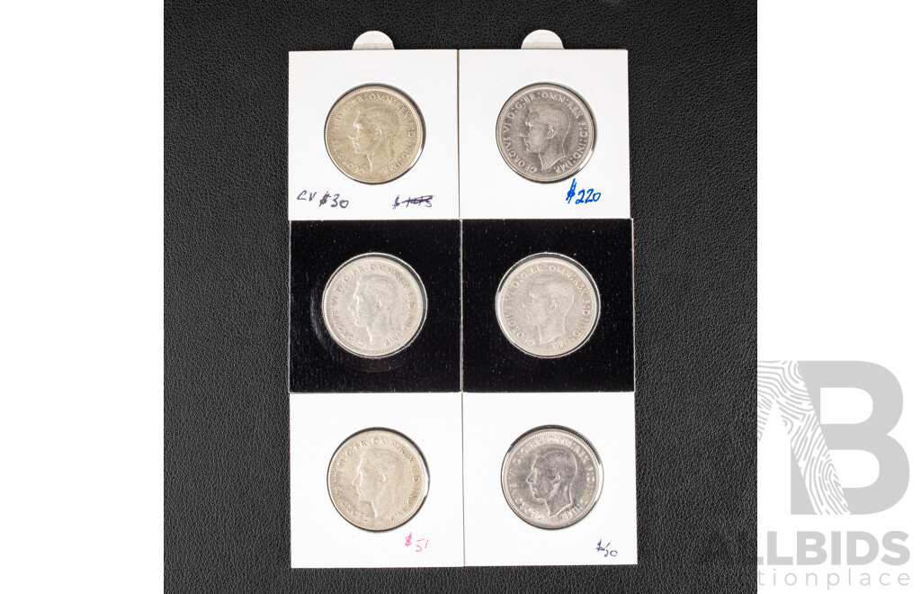 Six Australian KGVI Silver Florins Including 1938, 1939, 1940, 1941, 1942, 1943, High Grade  .925