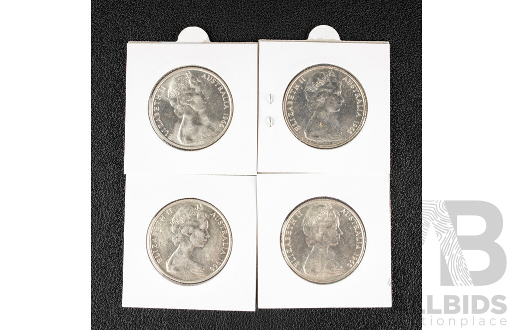 Four Australian 1966 Round Silver Fifty Cent Coins, High Grade .800