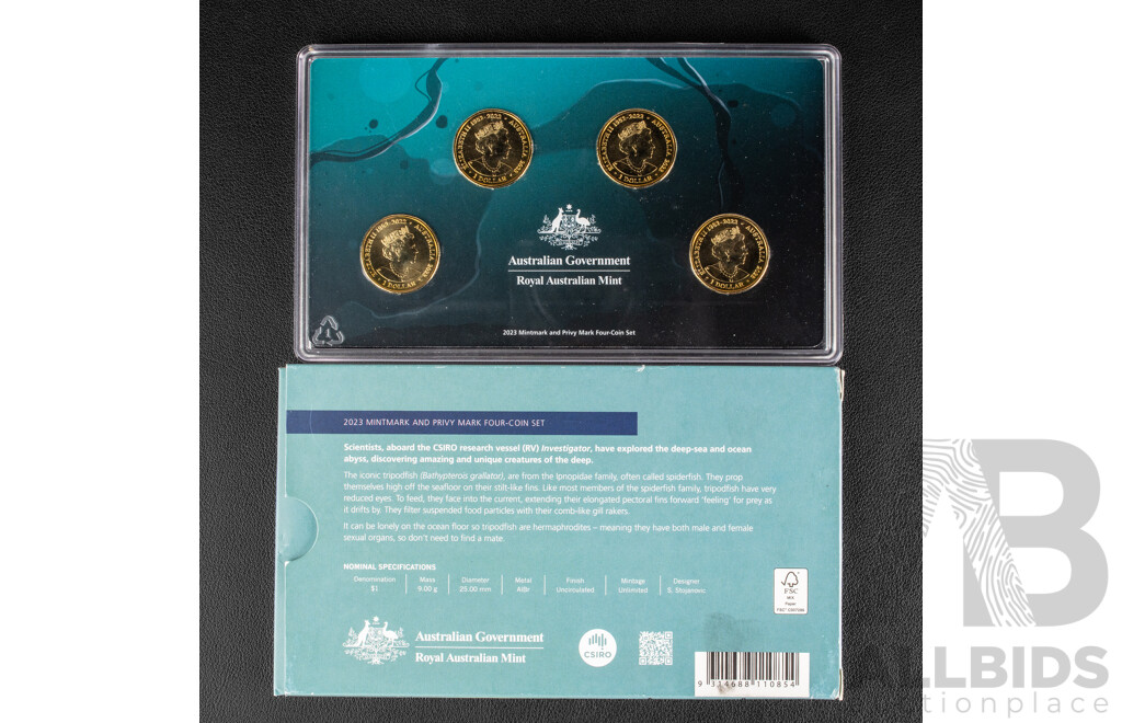 Australian RAM 2023 Four Mint Mark One Dollar Coin Set, Creatures of the Deep. Tripodfish