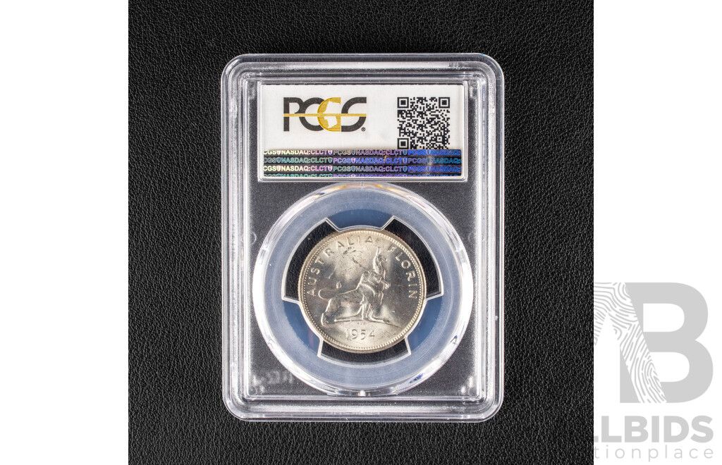 Australian 1954 Silver Florin, Royal Visit, Graded PCGS MS63+