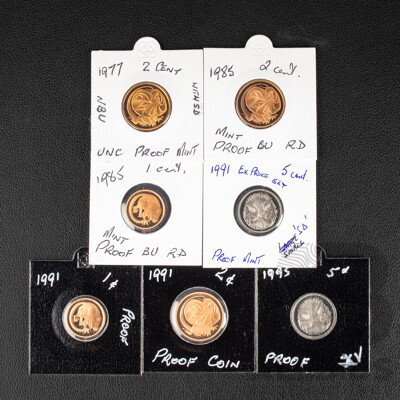 Collection of Australian Proof Coins Including 1991, 1995 Five Cents, 1977, 1985, 1991 Two Cents, 1985, 1991 One Cents