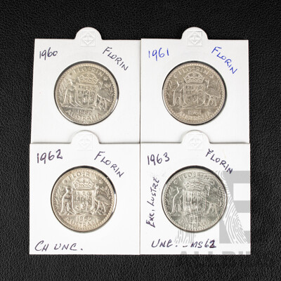 Four Australian High Grade QE2 Silver Florins Including 1961, 1962, 1963, 1964  .500