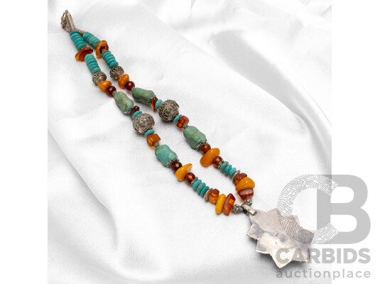 Traditional Himalayan Style Sterling Silver Necklace with Turquoise, Baltic & Copal Amber. Length - 50cms