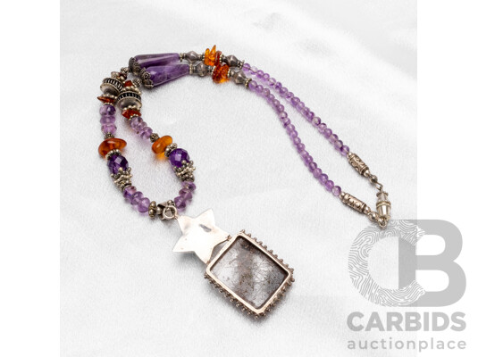 925 Sterling Silver Necklace with Quartz, Amethyst & Amber. Length - 45cms