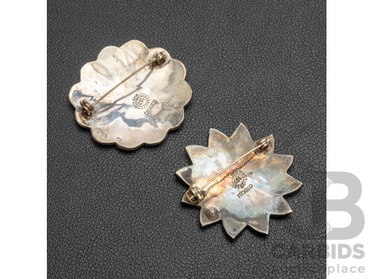 (2) Vintage 925 Sterling Silver Flower Brooches with Abalone Inlay - Taxco, Mexico