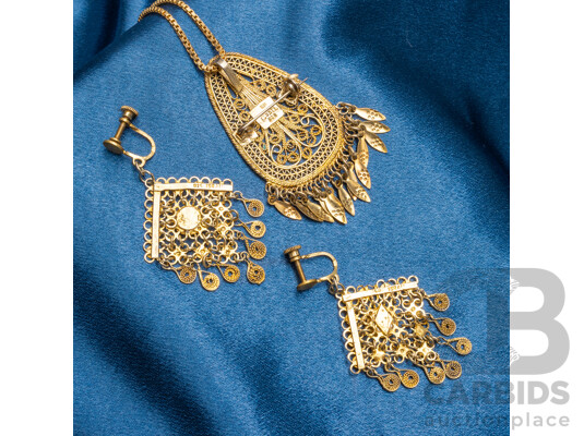 Vintage Gold Plated 925 Sterling Silver Necklace, Pendant & Earrings Set - 27.91gms