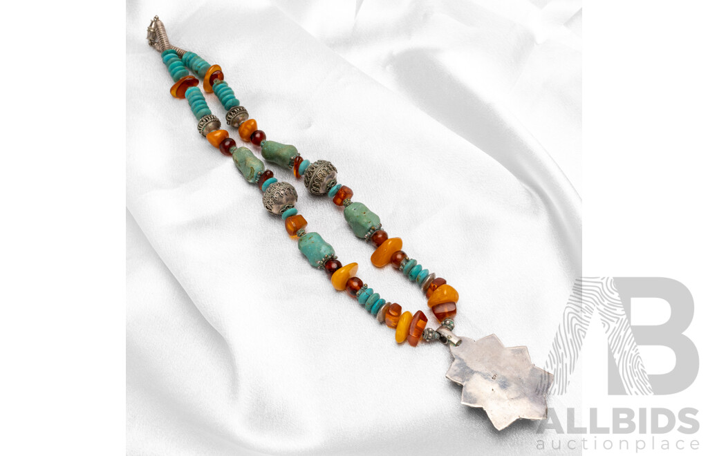 Traditional Himalayan Style Sterling Silver Necklace with Turquoise, Baltic & Copal Amber. Length - 50cms