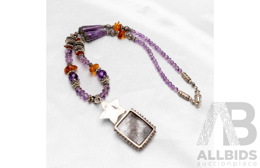 925 Sterling Silver Necklace with Quartz, Amethyst & Amber. Length - 45cms