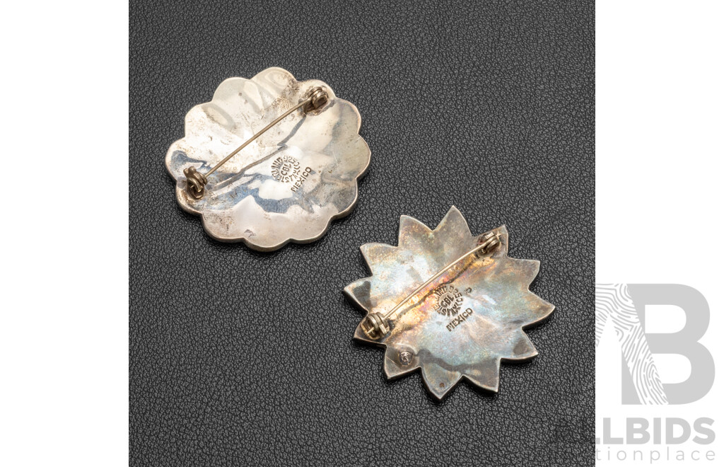 (2) Vintage 925 Sterling Silver Flower Brooches with Abalone Inlay - Taxco, Mexico