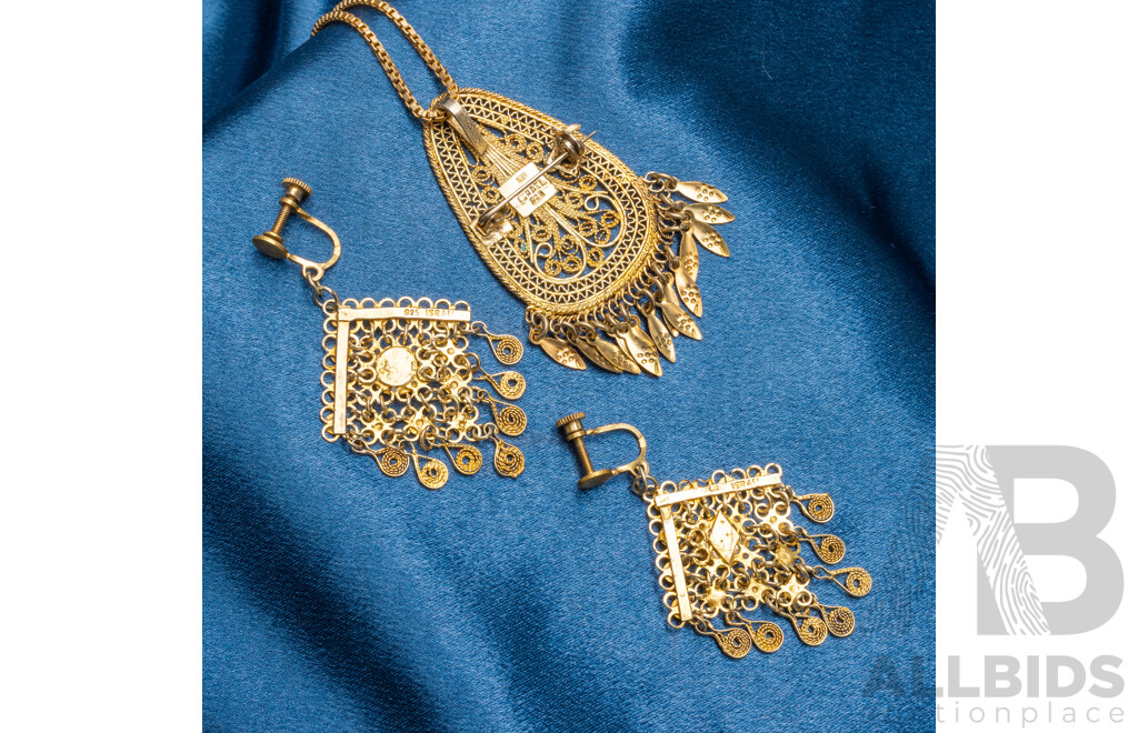 Vintage Gold Plated 925 Sterling Silver Necklace, Pendant & Earrings Set - 27.91gms