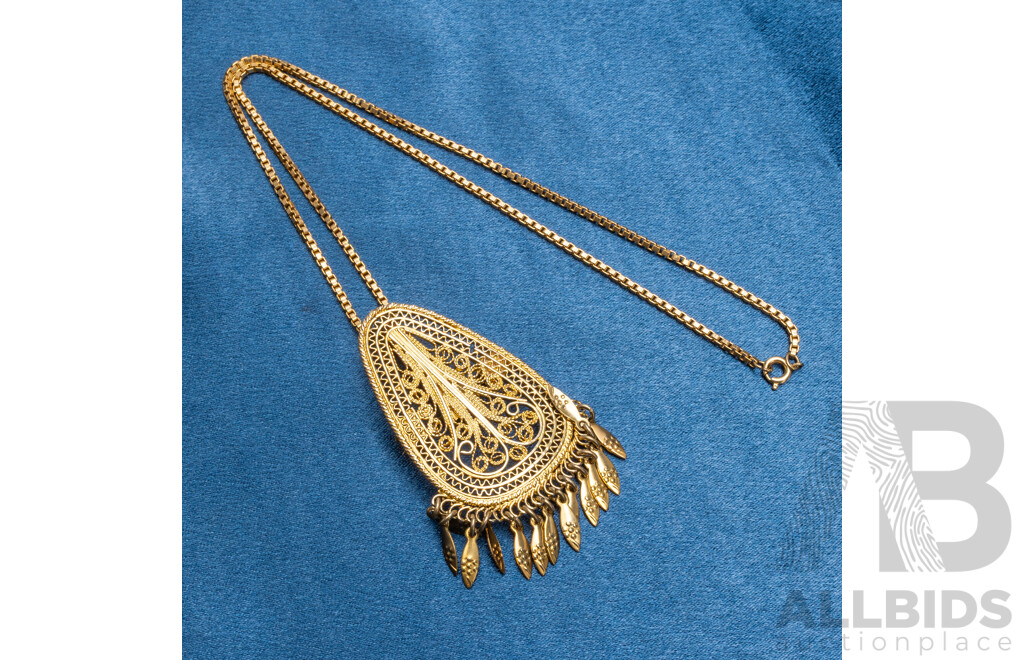 Vintage Gold Plated 925 Sterling Silver Necklace, Pendant & Earrings Set - 27.91gms