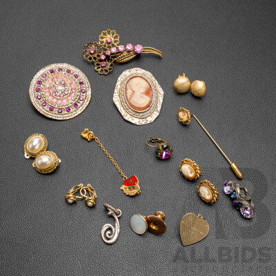 Collection of Gold & Silver Tone Earrings, Brooches, Pendants & Pins - Lot of 13