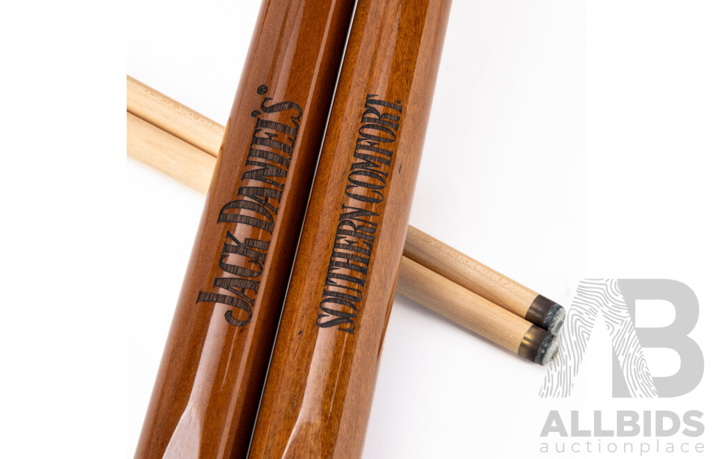 Pair of Jack Daniels Branded Maple Pool Cues by Mitchell in Hard Case