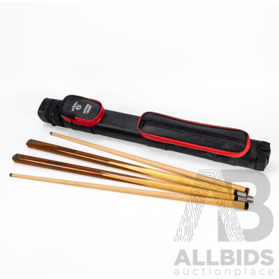 Pair of Jack Daniels Branded Maple Pool Cues by Mitchell in Hard Case