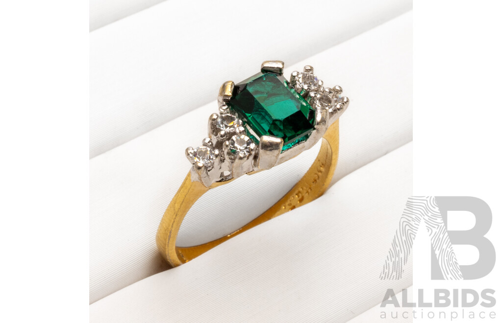 22ct Yellow Plated Base Metal Ring with Synethetic Emerald and Cubic Zirconias - Size Q