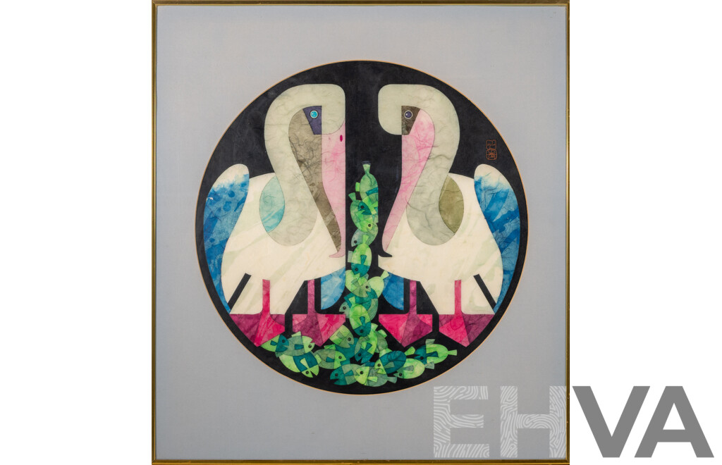 Cornel Swen, (20th Century, Dutch-Born Australian, 1930-2022), Pelican Pair, Original Vintage Wax-Resistant Dye on Japanese Washi Paper, 72 x 65 cm