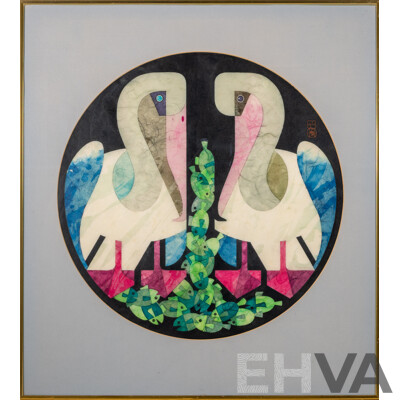 Cornel Swen, (20th Century, Dutch-Born Australian, 1930-2022), Pelican Pair, Original Vintage Wax-Resistant Dye on Japanese Washi Paper, 72 x 65 cm
