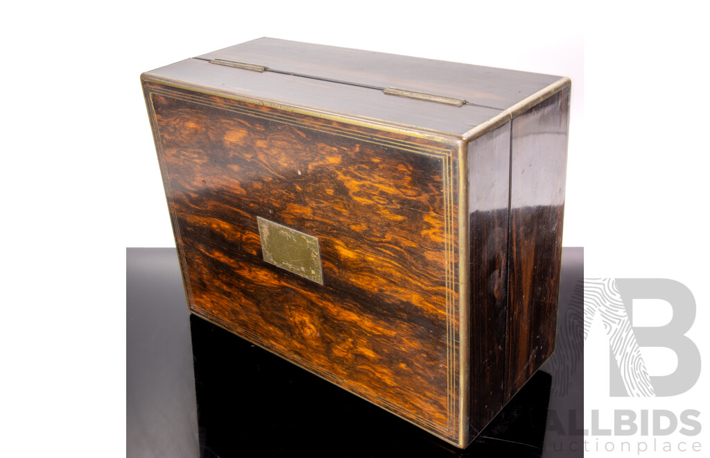 Antique Dark Wood Veneer Document Box with Lift Out Compartmentalized Tray and Brass Plaque to Top