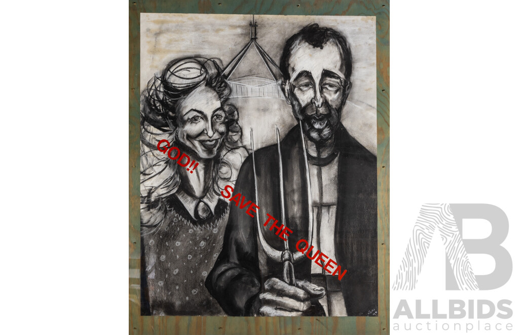 Noai (20th Century, Australian, Working c1990s), God!! Save the Queen, Interesting Charcoal & Mixed Media, 110 x 85 cm (frame)