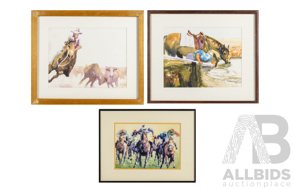Veronica Robilliard, (20th Century, British-Born Australian), Round Up, Water Break & Racing, Trio of Original Quality Reproduction Prints After Original Watercolours, 44 X 52 Cm (larger frame) (3)